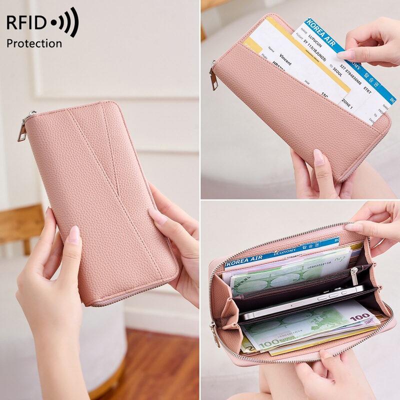 New cross-border RFID anti-magnetic women's wallet with pebbled texture, multiple compartments, long wallet for bank passbooks, simple large-capacity clutch bag