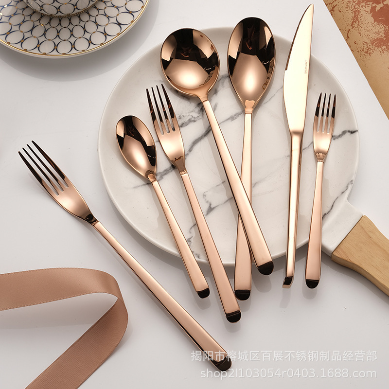 European-style bright rose gold 304 stainless steel Western-style knife and fork spoon three-piece steak tableware set snack fork spoon