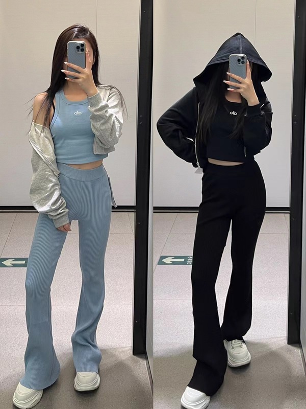 现货alo蓝色拖地微喇裤子女小个子垂坠感高腰修身显瘦休闲阔腿裤|undefined