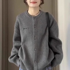 美式复古开衫毛衣外套女秋季学院风松弛感软糯百搭灰色针织上衣冬