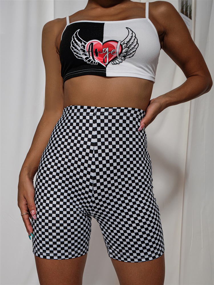 wholesale clothing vendors Nihaostyles Black and White Plaid Printed High Waist Tight Leggings Shorts NSGMY66774