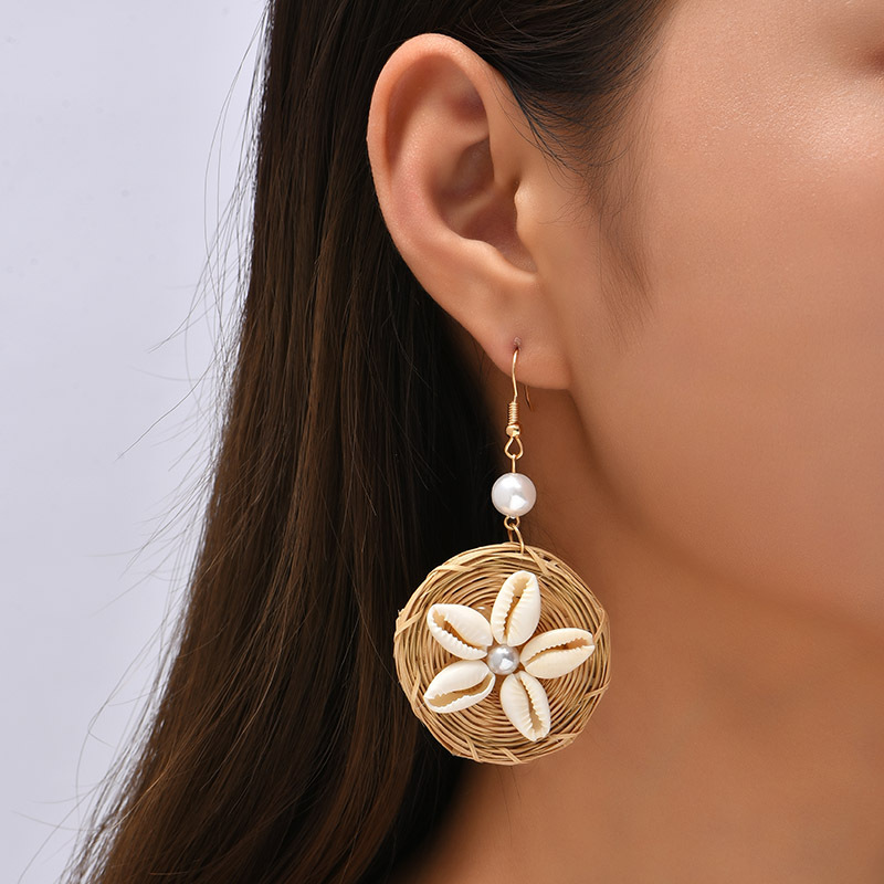 1 Pair Vacation Flower Shell Braid Inlay Artificial Pearls Womenu0027S Drop Earrings