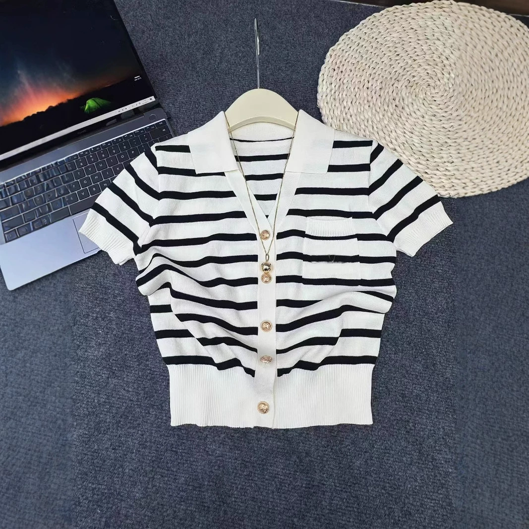 Фактический снимок Hangzhou Sijiqing 2025, новый дизайн, карманный лацкан, контрастный цвет, утягивающий полосатый кардиган, топ с короткими рукавами