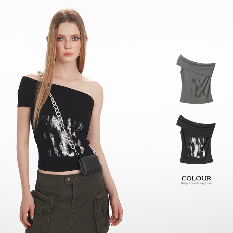 Heyhenry American Sweet One-Line Collar Sexy T-Shirt Slanted Shoulder Summer Slimming Look Off-Shoulder Short Top for Women