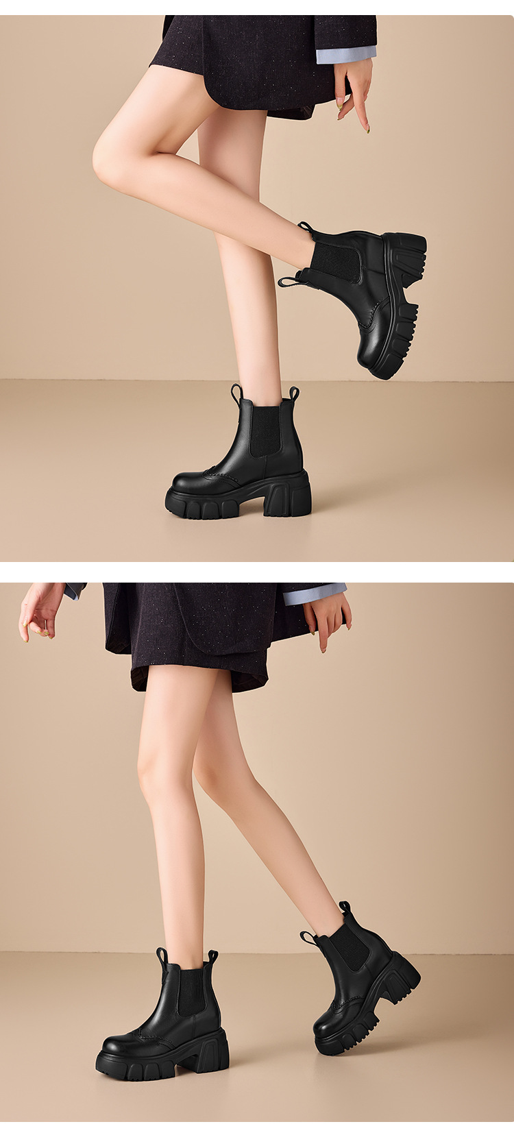 Giày bốt Chelsea nữ cổ thun tăng chiều cao gót 10 cm đế dày da nâu — Lớp lót nhung đen chi tiết 3