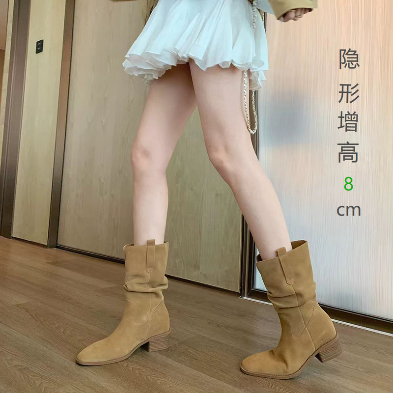 葡萄妈~同款堆堆靴子女2025秋季V口美拉德西部牛仔粗跟短筒马丁靴|undefined