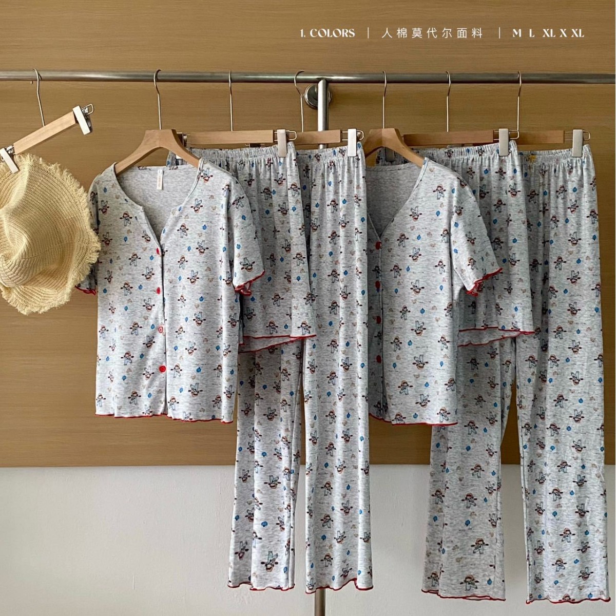 夏季新款少女睡衣莫代尔卡通可爱奶灰兔叽带胸垫短袖长裤三件套装