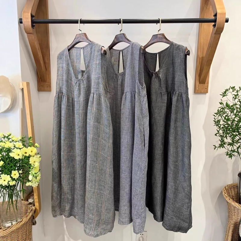 Japanese-Style Linen Sleeveless Dress Summer New Loose Versatile Age-Reducing Artistic Niche Layered Patchwork Tank Dress