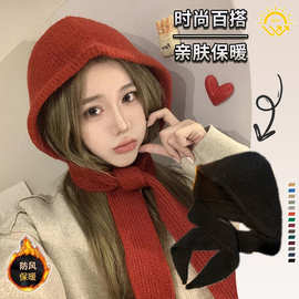 2025秋冬新款纯色针织帽子女围脖一体两用外搭加厚保暖护颈披肩帽
