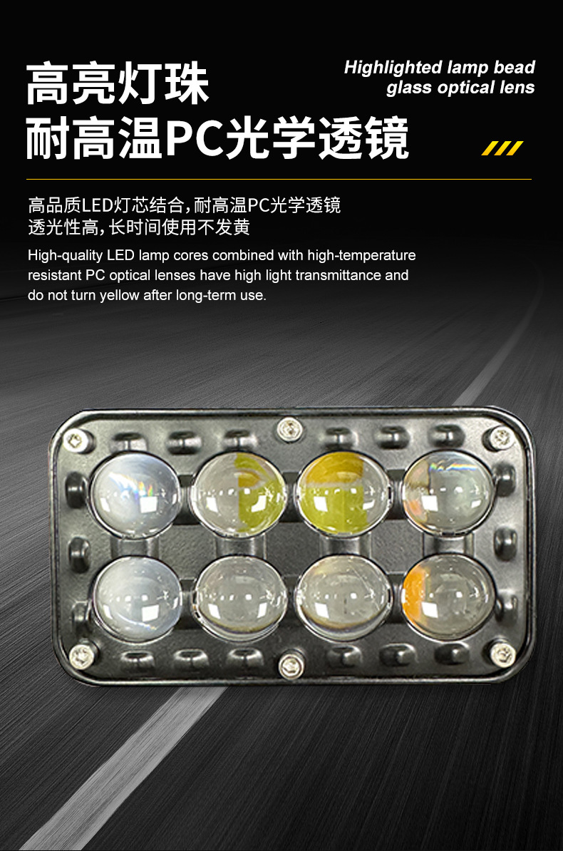 Cross-border LED yellow-white light strobe 8-bead spotlight lens motorcycle light car modification work vehicle headlight