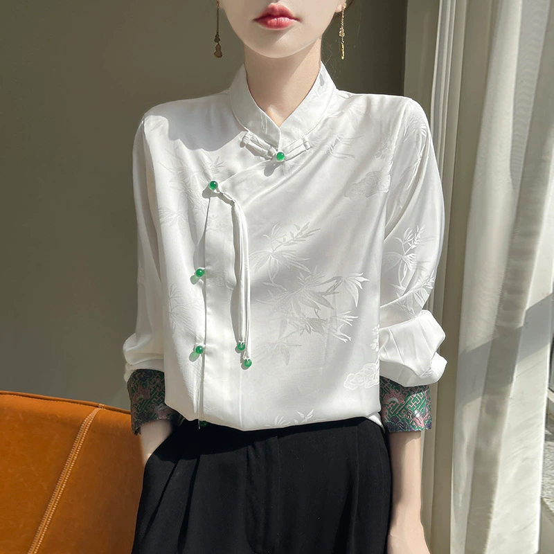 2024 весна и лето новый китайский стиль атласная рубашка женский диск пряжка ретро длинный рукав воротник темперамент рубашка