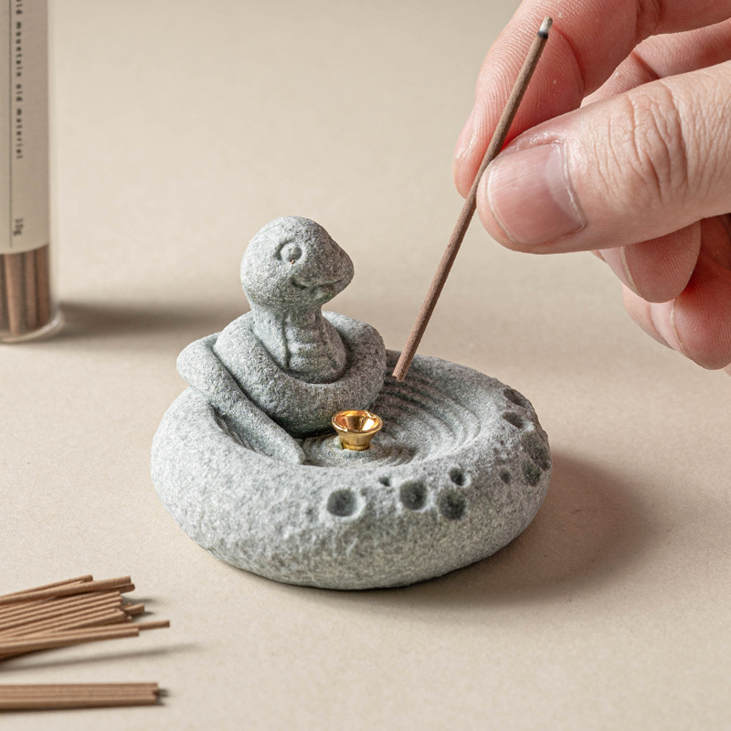 十二生肖蛇创意茶宠摆件青砂石香插香托客厅桌面精致小号石雕摆设