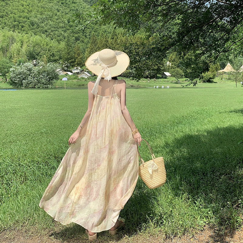 French-Style Lazy Smudged Print Long Beaded Suspender Dress, New Summer Retro Loose Vacation Long Dress