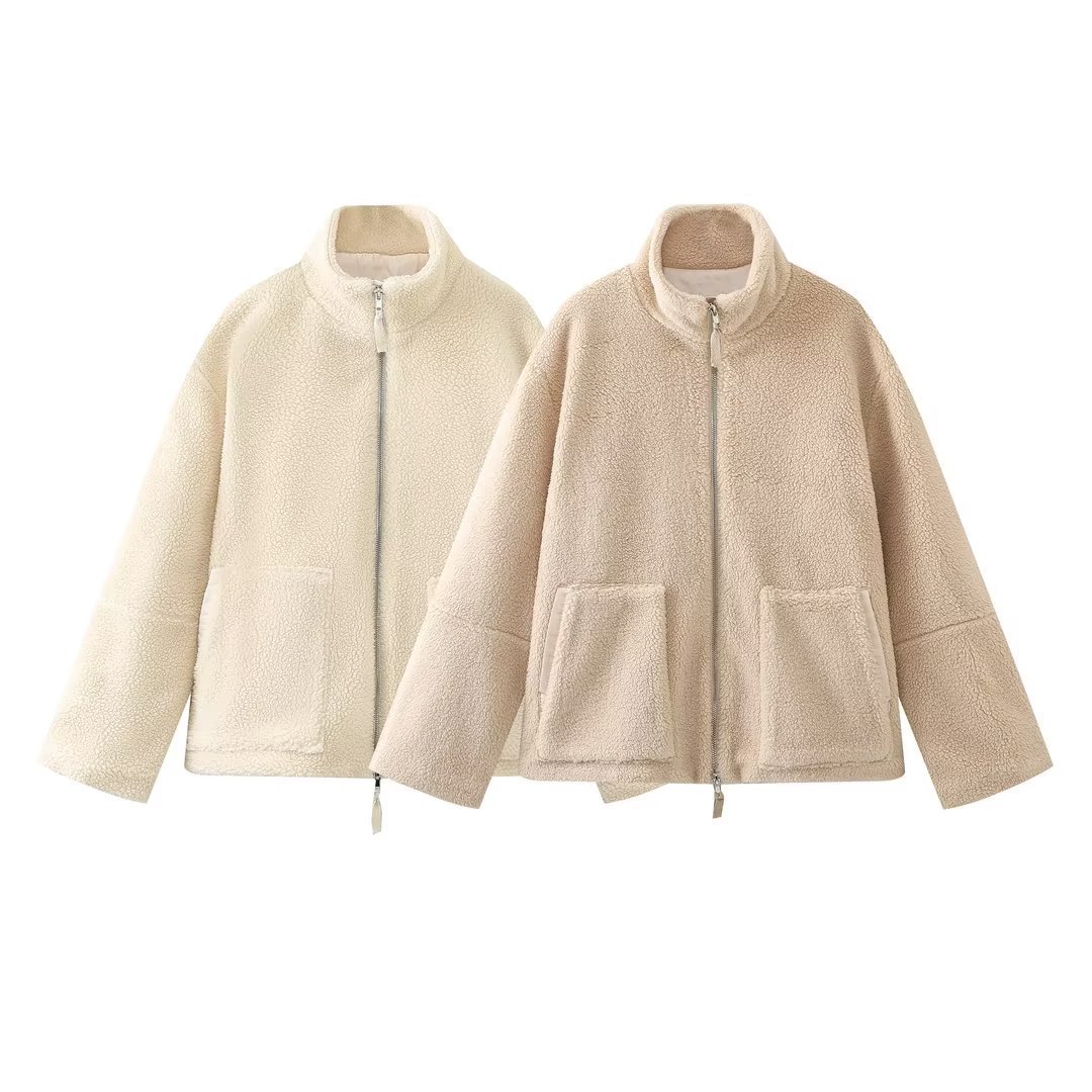 Sieviešu apģērbs rudens un ziemas jauns sieviešu apģērbs vienkrāsains slinka stila jēra vilnas mētelis ar augstu apkakli M6257_voghion.com