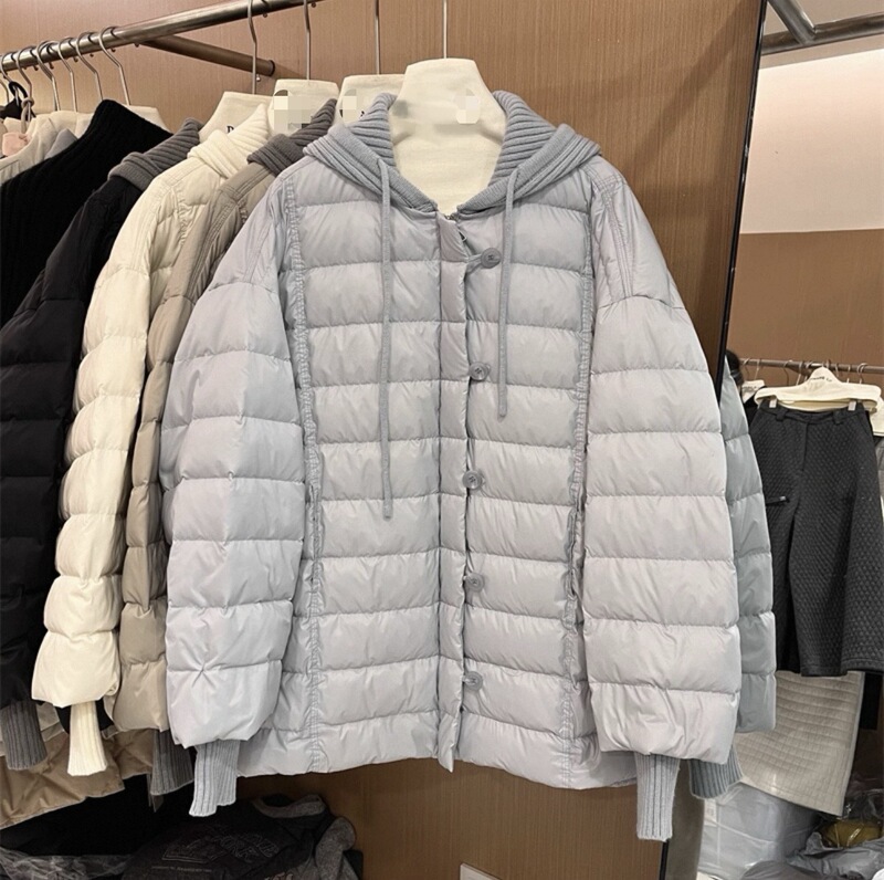 韩系超轻薄羽绒服女中长款针织连帽拼接小个子白鸭绒加厚保暖外套|undefined