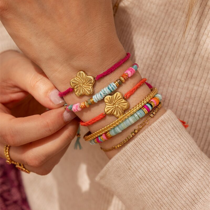 Flower Lucky Braided Bracelet Colorful Friendship Bracelet Flower Pendant Copper Plated Real Gold 18K Color-Preserving Bracelet Wholesale Flower Lucky Braided Bracelet Colorful Friendship Bracelet Flower Pendant Copper Plated Real Gold 18K Color-Preserving Bracelet Wholesale