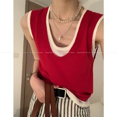 Red False Two-Piece U-Neck Camisole Top for Women, Summer Innerwear with Beautiful Back Design, Unconventional Wearable Short-Sleeve Top