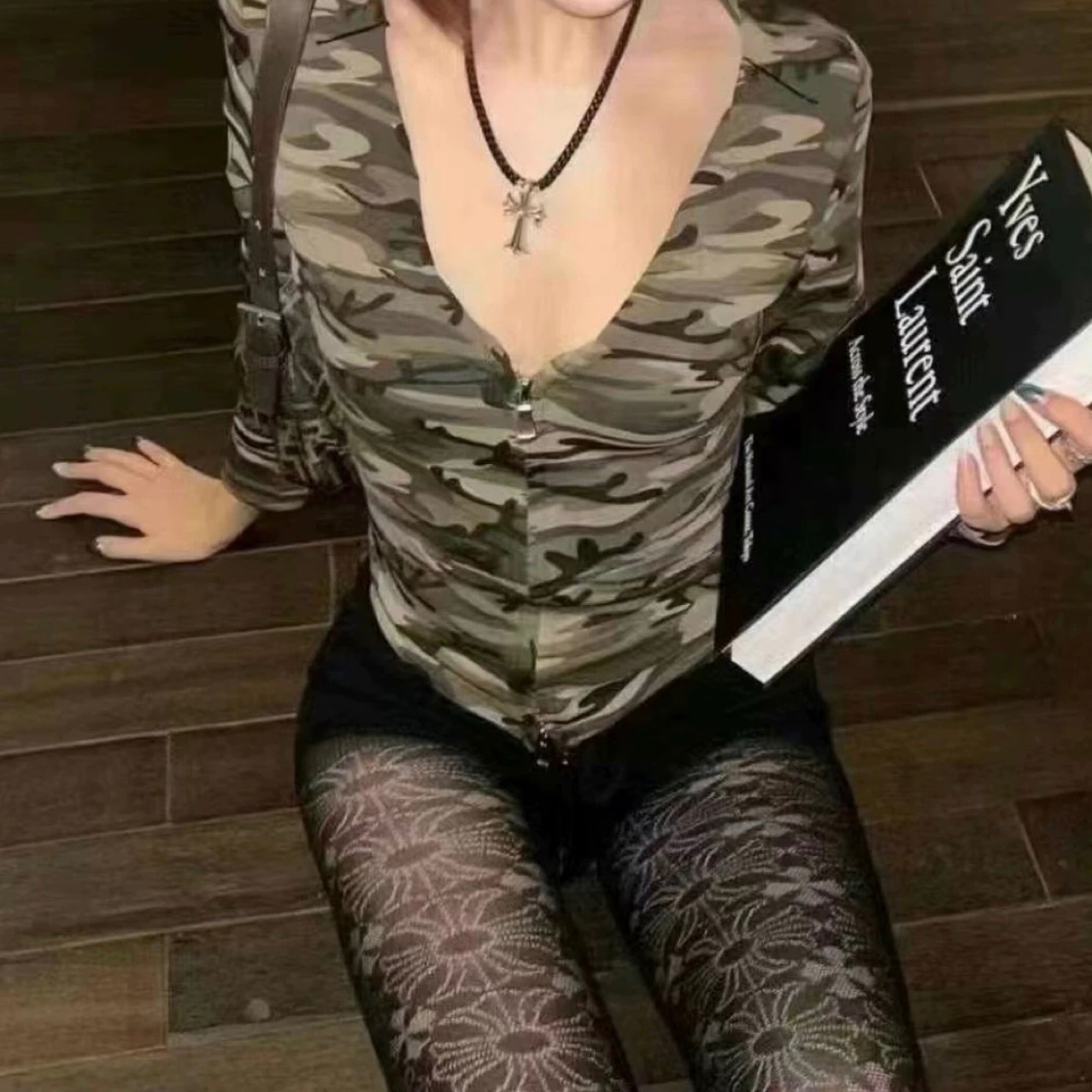 加长款 朋克暗黑克罗镂空十字架网格黑色满印连裤袜丝袜 网红同款