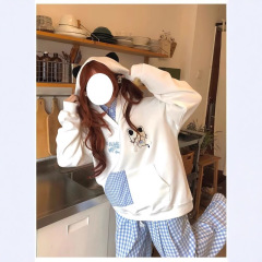 美式复古格子拼接猫咪刺绣假两件连帽卫衣女秋冬新款宽松闺蜜装