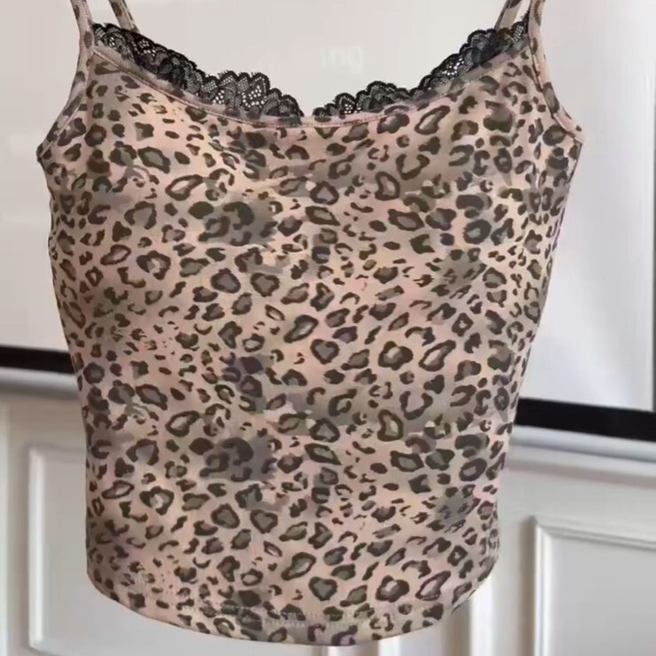 68053 American Style Retro Leopard Print Lace Camisole Women's Summer New Sleeveless Outer Wear Top