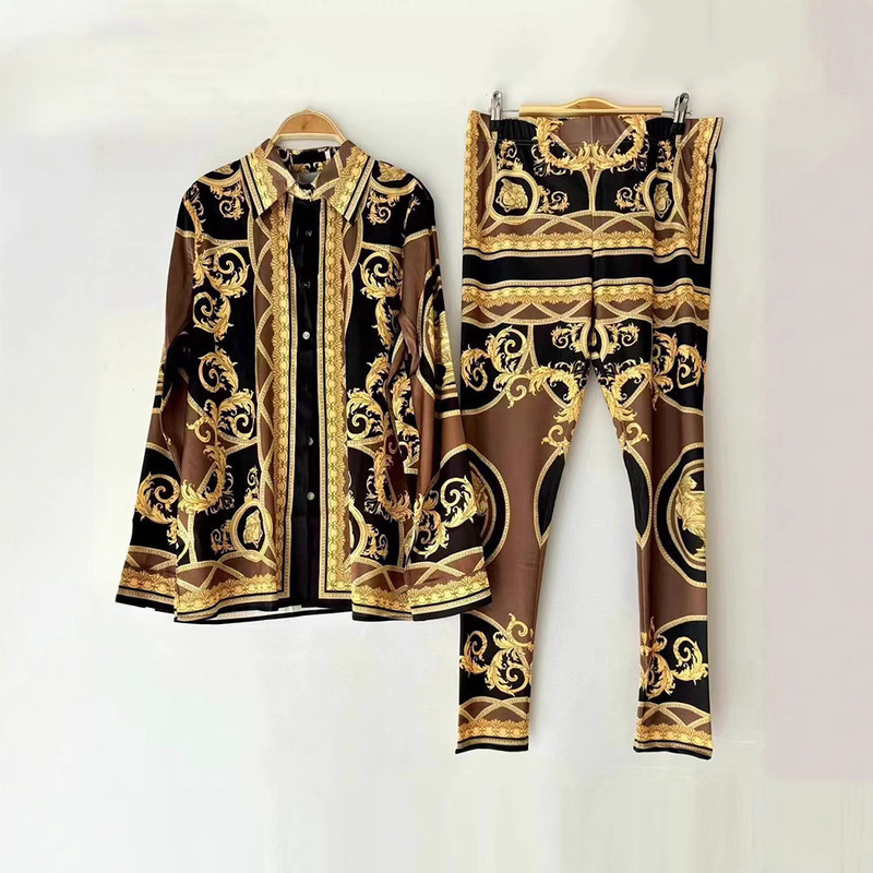 Cross-border foreign trade women's retro geometric printed shirt two-piece autumn knitted stretch leggings fashion suit