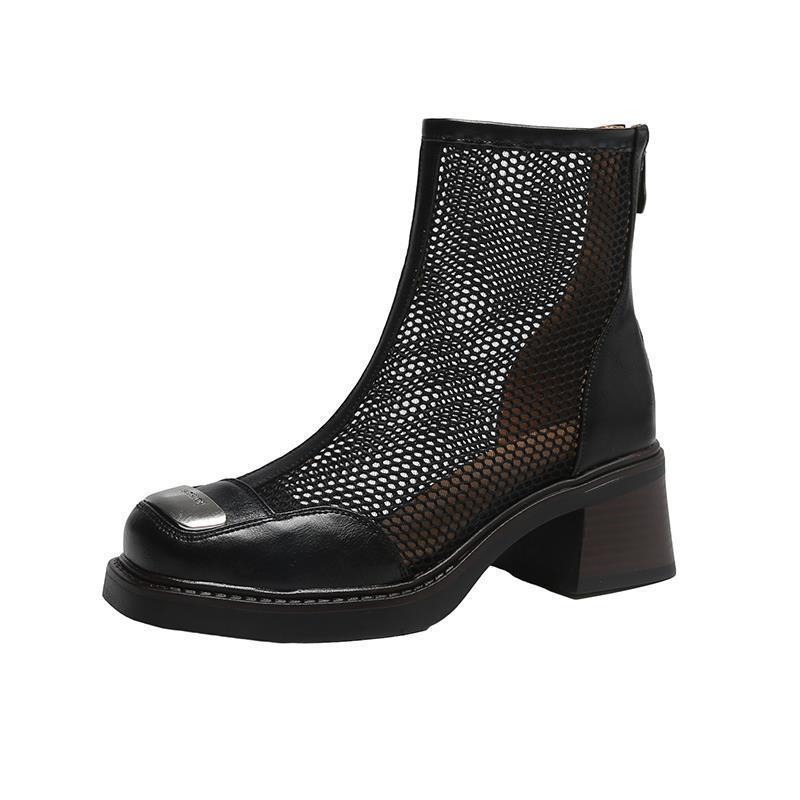 Jinbukang huecas botas Martin para mujer nuevas botas de malla transpirables delgadas de verano sandalias de todo fósforo de moda botas cortas de tacón grueso para mujer image 7