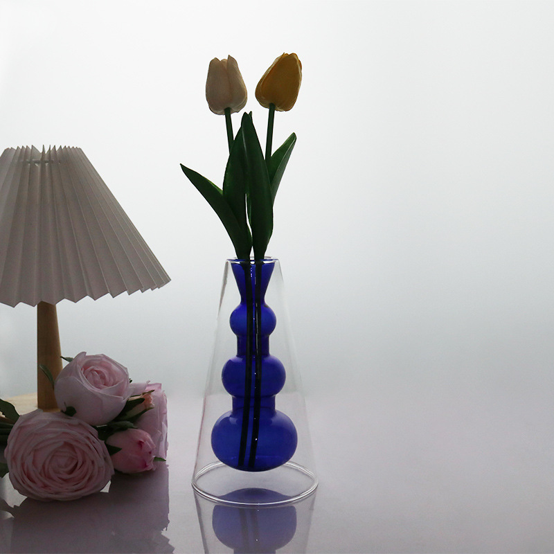 Colorido florero de cristal de doble capa de estilo europeo creativo decoración de la sala de estar hidropónico moderno minimalista flor olla hidropónica