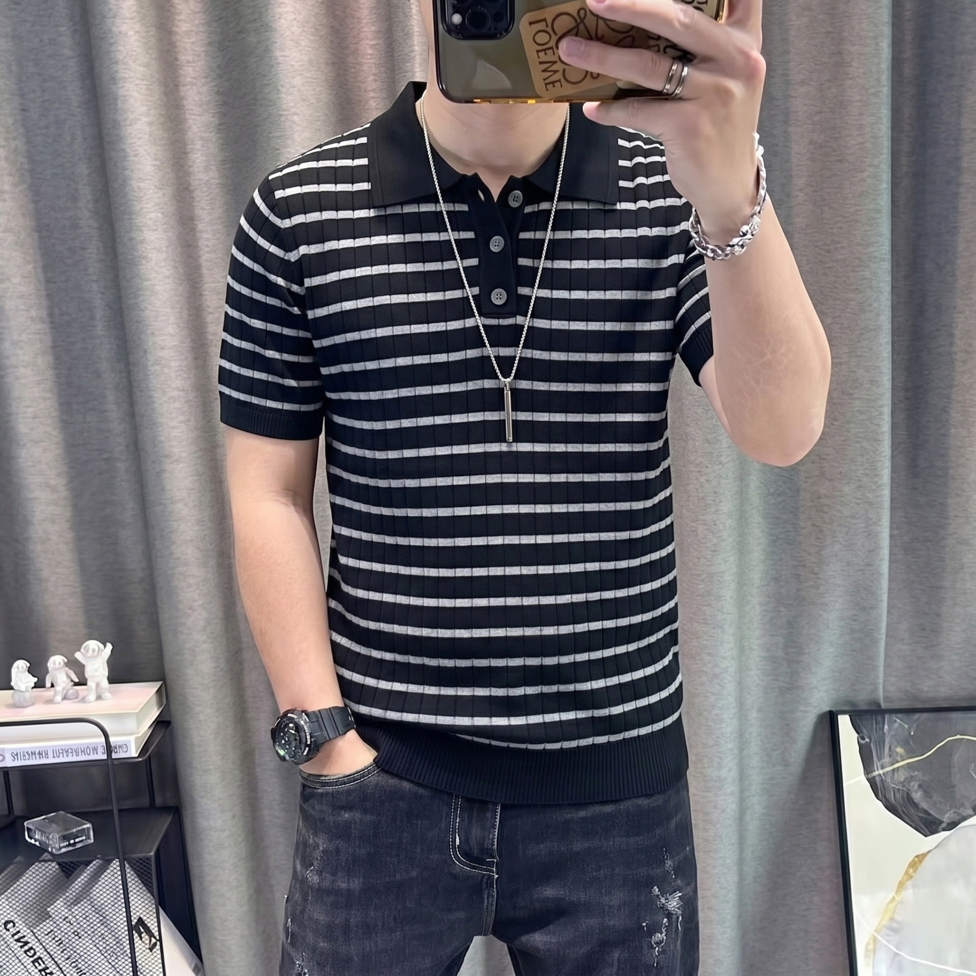 Camisas de polo camisetas de punto de manga corta camisetas a rayas de hombre texturas de alto nivel viejos ganancias de hielo seda verano fábrica transfronteriza al por mayor