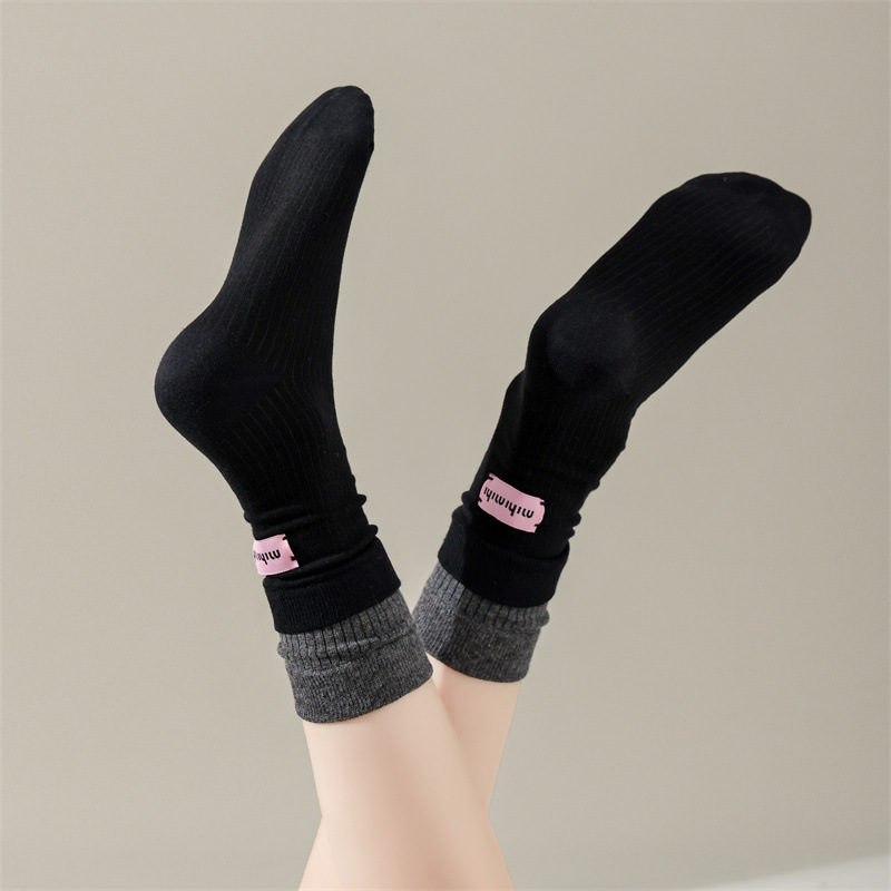 Socks Women's Double-layer Stitching Contrast Color Heel Fabric Label Mid-length Socks Ins Fashionable Sports Style Stacked Socks Socks Women's Double-layer Stitching Contrast Color Heel Fabric Label Mid-length Socks Ins Fashionable Sports Style Stacked Socks