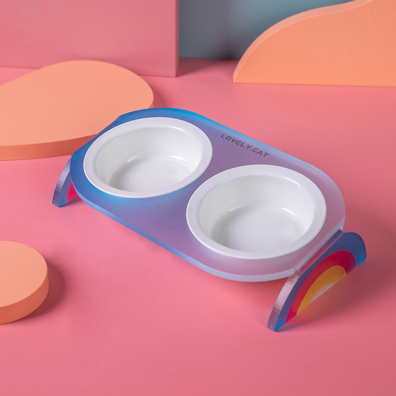 Arco iris acrílico marco de cerámica tazón doble tazón único tazón para mascotas perros y gatos tazón de alimentos tazón de agua de alimentación de agua en el hogar