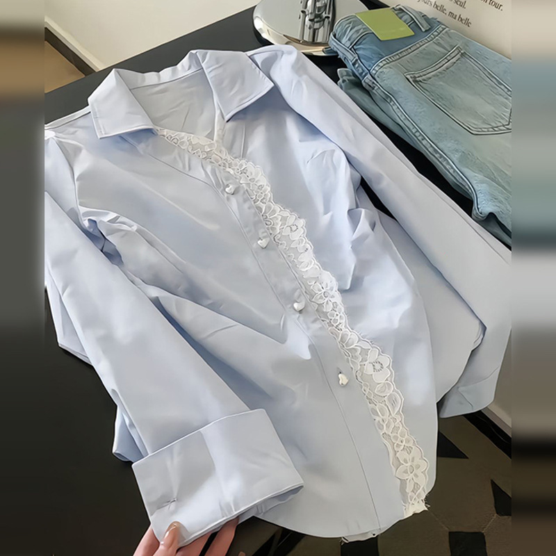 Net Red French Blue Lace Shirt Coat Women's Early Spring 2025 New Small High-end Shirt Open
