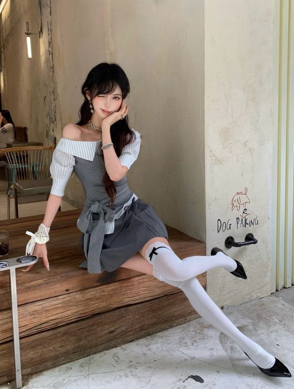 韩系套装女夏季气质纯欲一字肩假两件条纹拼接衬衫搭配高腰半身裙|undefined