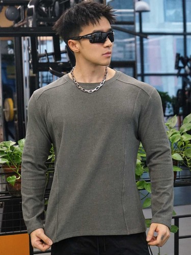 American-style new men's outdoor running training sport fitness Velcro muscle workout plain long-sleeved t-shirt