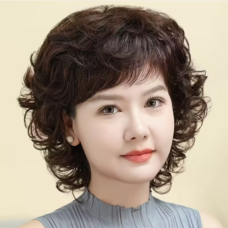 Cross-border short curly hair wigs for middle-aged and elderly mothers, with side bangs, voluminous, covers gray hair, made of high-temperature fiber, full head cover, wholesale Cross-border short curly hair wigs for middle-aged and elderly mothers, with side bangs, voluminous, covers gray hair, made of high-temperature fiber, full head cover, wholesale