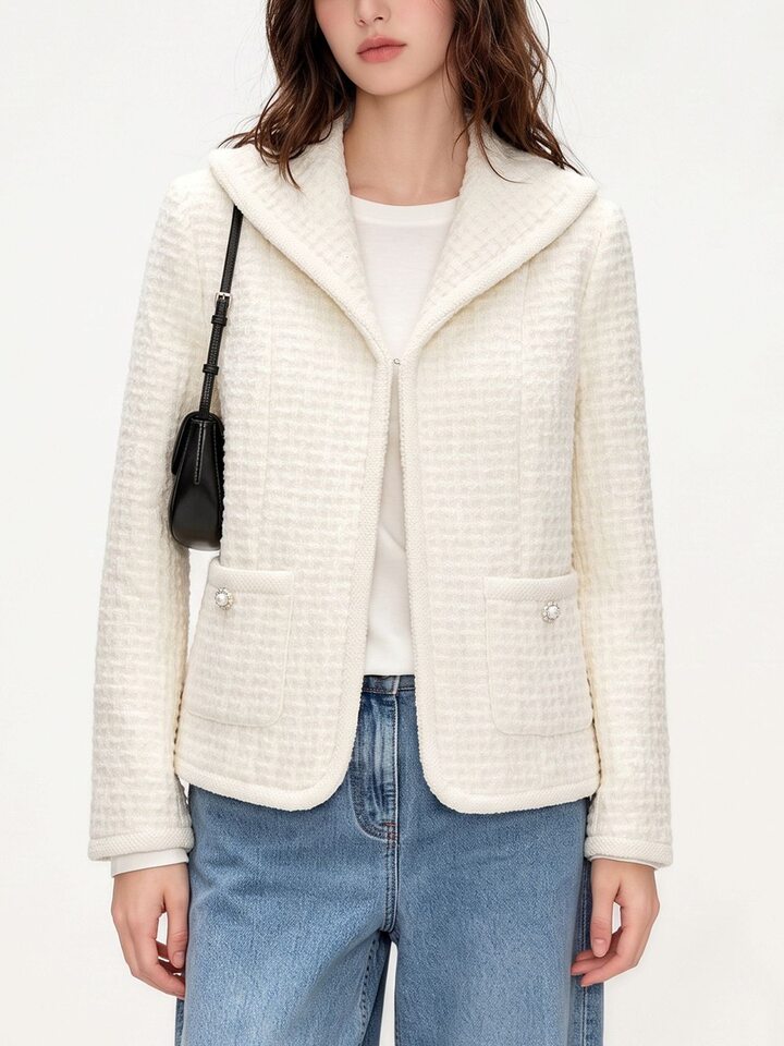 Áo khoác ngắn nữ dáng vest chất liệu len cừu phối vải tweed thanh lịch — Vanilla trắng