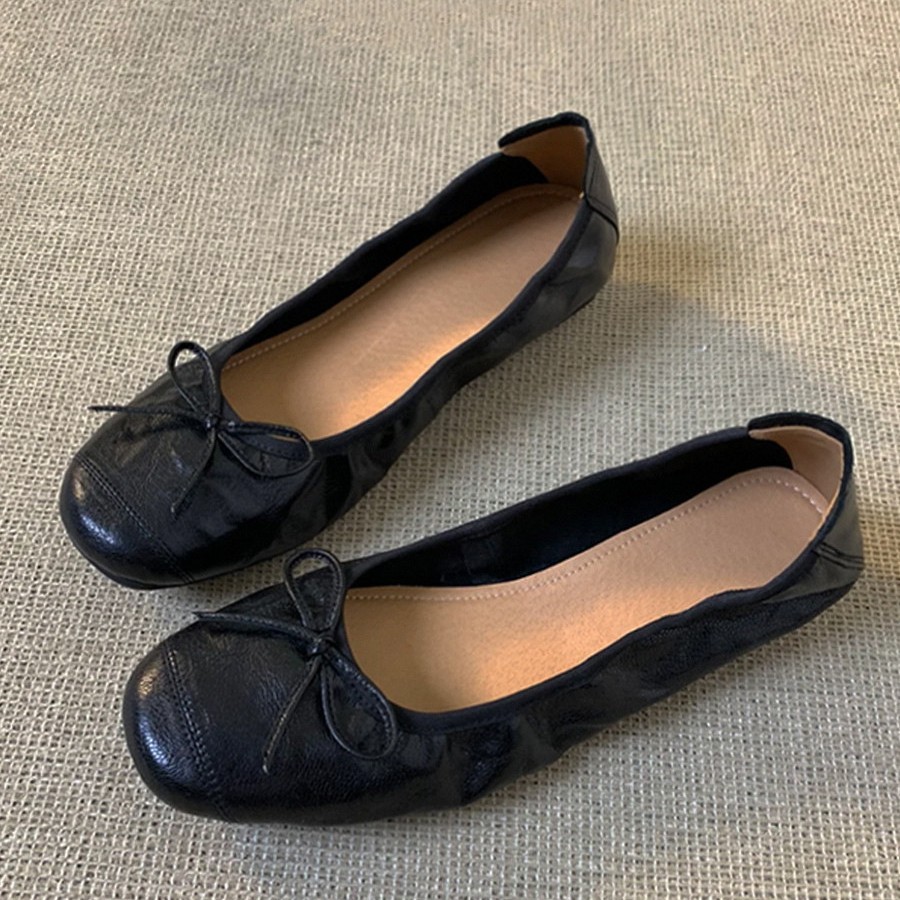Leather retro universal shoes low-cut flat with bow