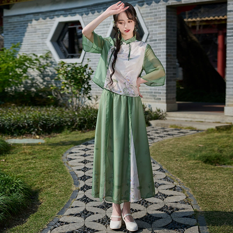 2025 Новый китайский стиль китайского стиля с воротником с вертикальным вырезом с принтом на пуговицах