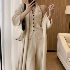 秋冬新款时尚休闲针织开衫套装女韩版宽松慵懒风马甲阔腿裤三件套