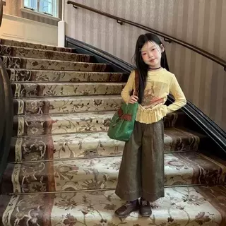 童装女童t恤长袖秋装女宝时髦百搭黄色印花上衣咖色阔腿裤套装