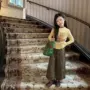 印花女童长袖咖色阔腿裤
