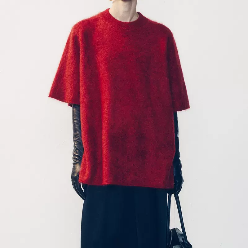 FAIRY WA罕山白绒 家皮草拉绒针织中袖廓形毛衣时尚休闲慵懒风