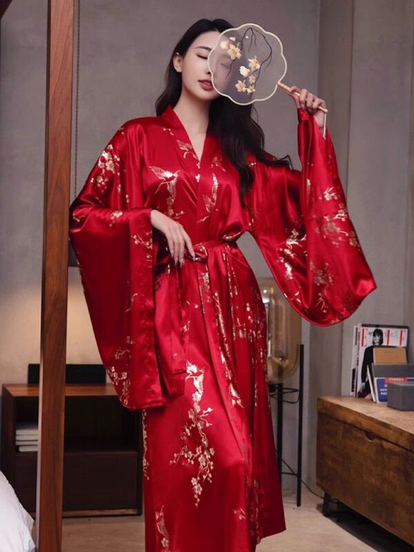 Jingli New Chinoiserie Dressing Gown Female Bride Wedding Nightgown Morning Photo Dress Red Wedding Pajamas