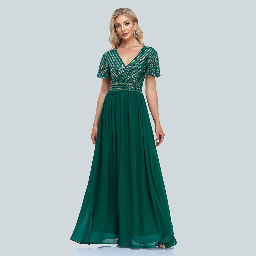 Womens Evening Party Dresses V Neck Short Sleeve Pleated Ball Gown Summer  Dress | eBay
