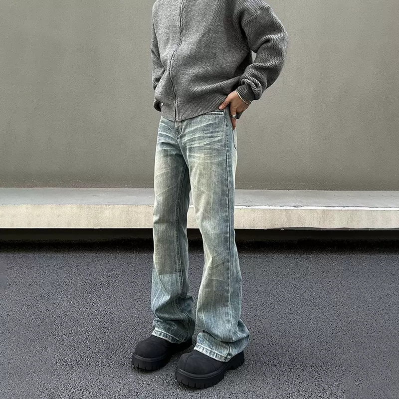 美式复古高街潮牌牛仔裤男直筒微喇阔腿长裤vintage做旧牛仔裤男