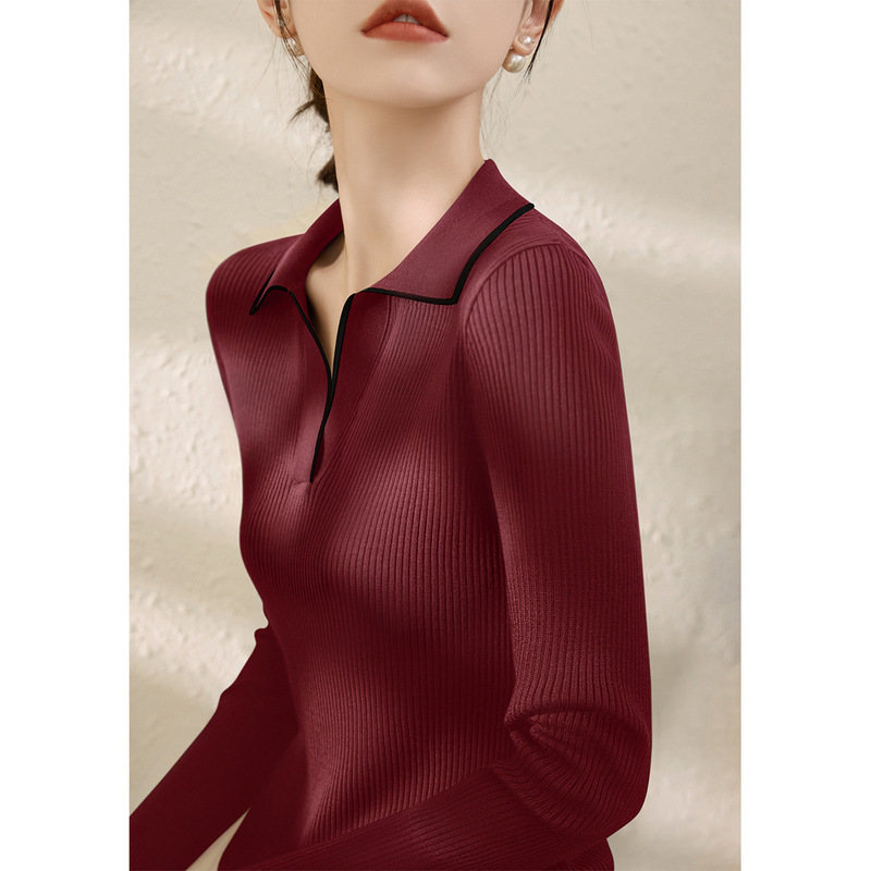 Casual Retro Red Elegant Polo Collar Long-Sleeved Knitwear for Women Autum Slimming Look Knitwear Top Casual Retro Red Elegant Polo Collar Long-Sleeved Knitwear for Women Autum Slimming Look Knitwear Top