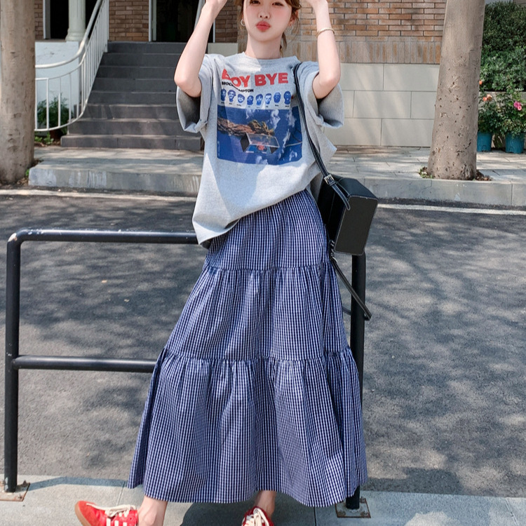 chubby girl Extras Size 150.00kg Lazy Style Printed T-Shirt Women's Suit Summer New High Waist Plaid Skirt Two-Piece Set