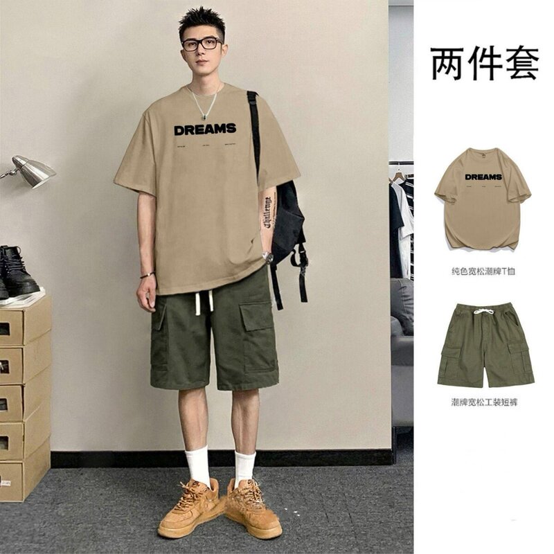 Summer Retro Japanese-Style Pure Cotton T-Shirt Men's Set, Loose Short-Sleeved Shorts, Stylish Men's Outfit, Two-Piece Set