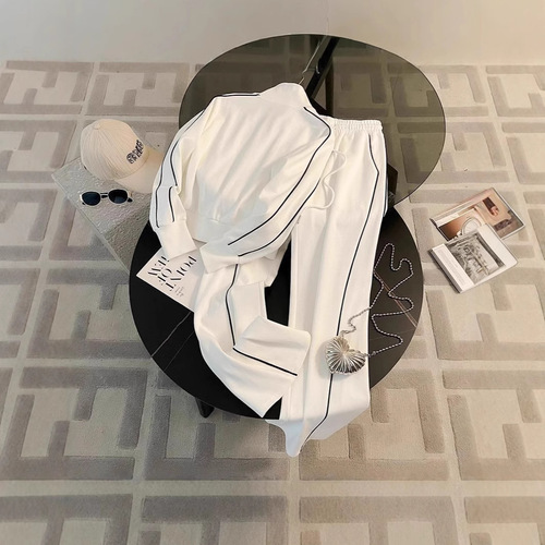 Stylish and Fashionable Women's Set Autumn Open Crewneck Sweatshirt Wide Leg Pants Sporty Casual Two-Piece Set Trendy