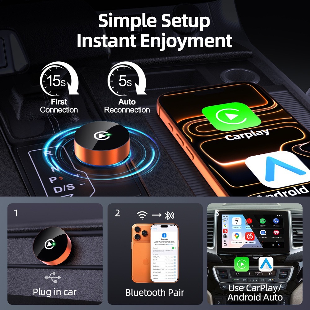 Wireless Carplay module, no need to disassemble the car. Orange, round USB model. Navigation, music, and screen mirroring all in one
