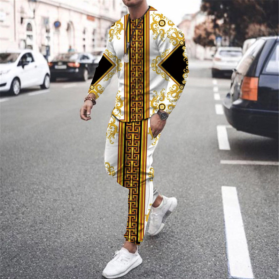 跨境新款3D复古长袖印花男子运动服圆领长袖T恤+长裤休闲套装